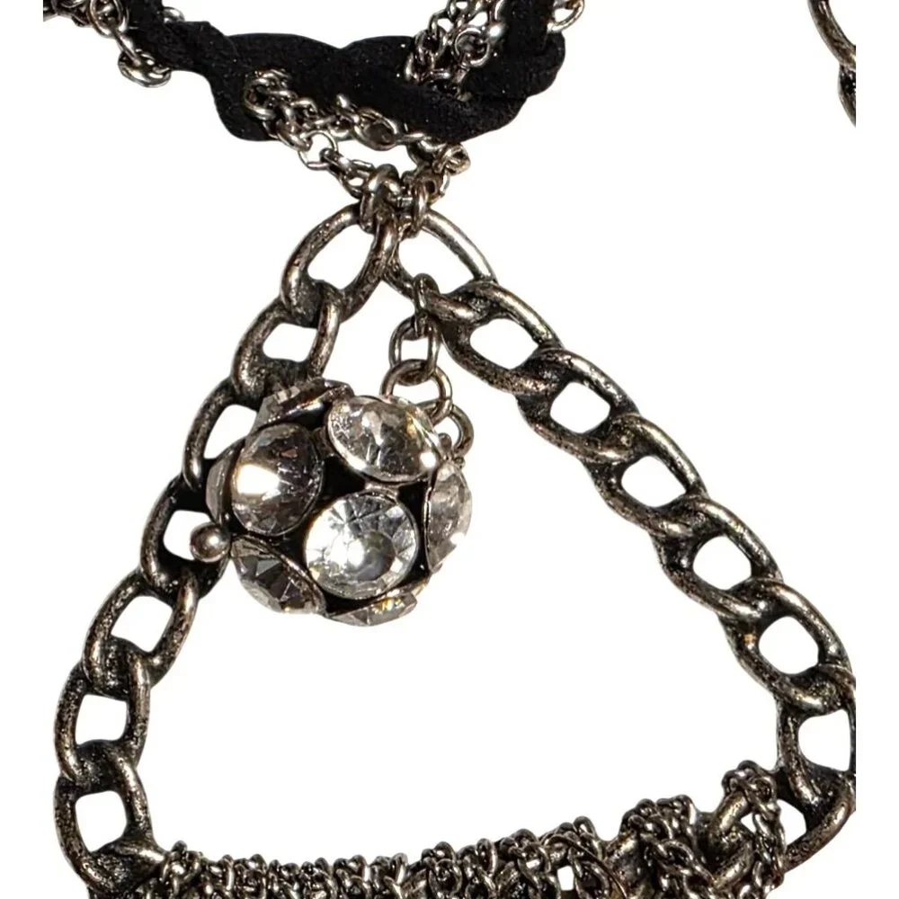 Vintage Necklace Efm Handmade Silver-Tone Statement Chain Rhinestone‎ Black Rope
